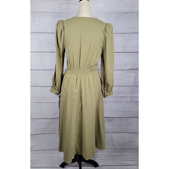 Treasure & Bond V-Neck Long Sleeve Smocked Midi Dress Olive Green Size X-Small - Picture 6 of 11